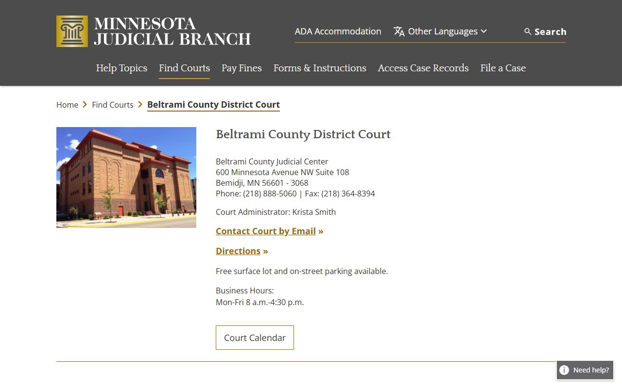 Beltrami County court main page for dissolution of marriage
