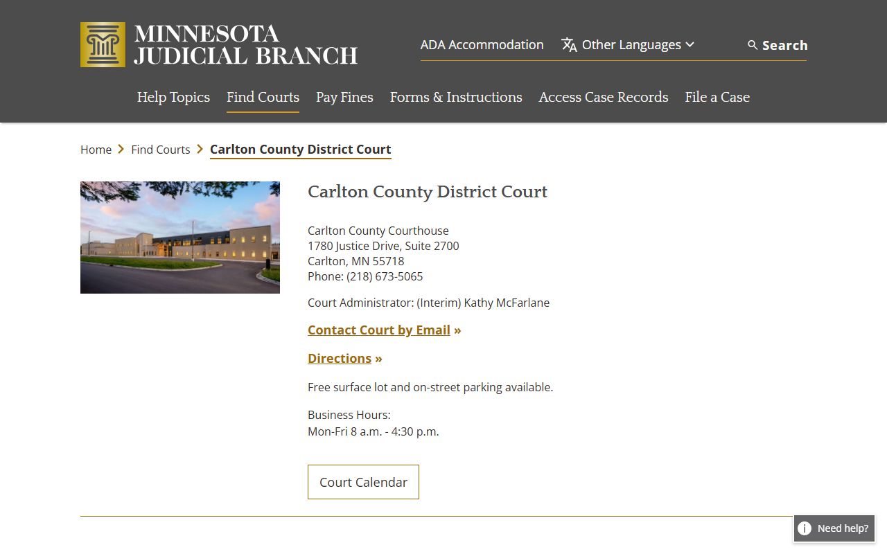 Carlton County court main page for dissolution of marriage cases