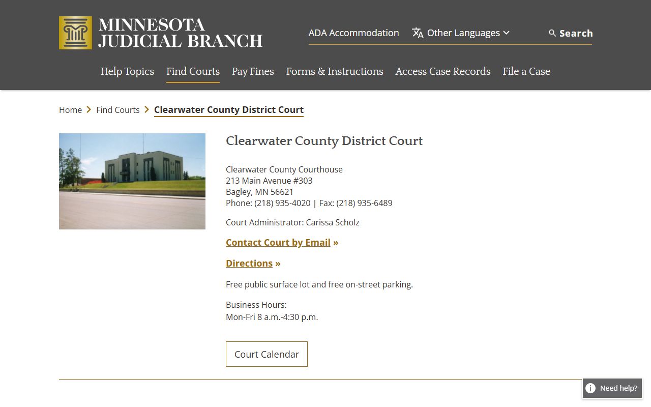 Clearwater County court main page for dissolution of marriage filings