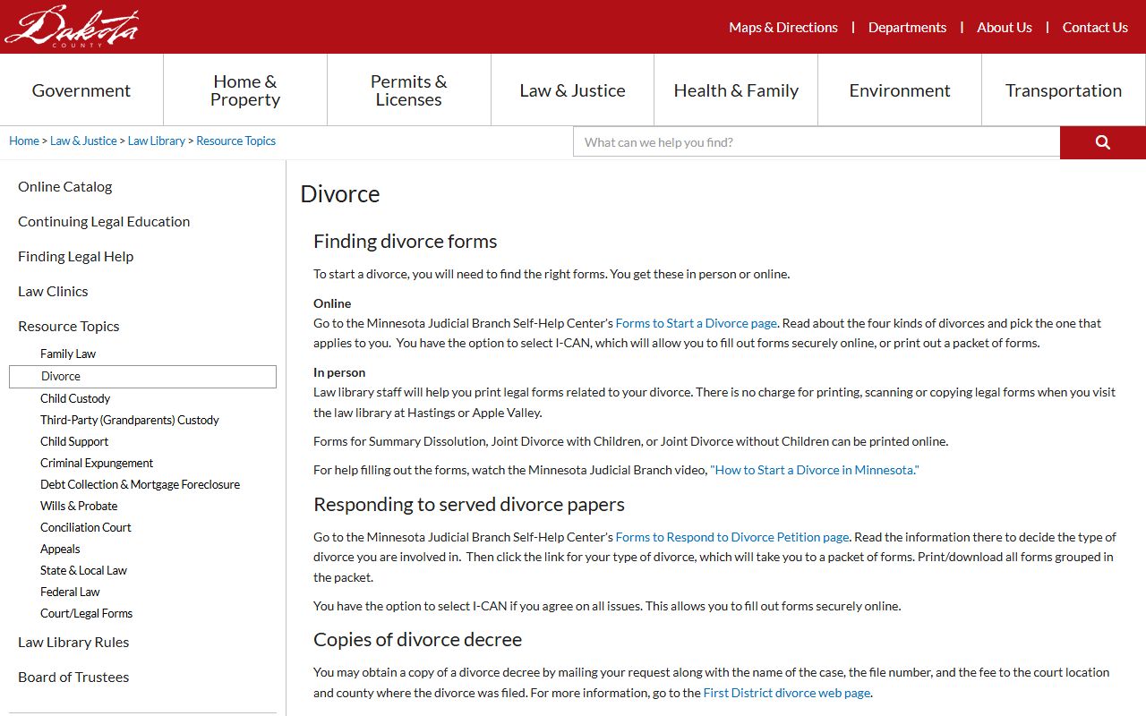 Dakota County divorce law library resources for dissolution of marriage