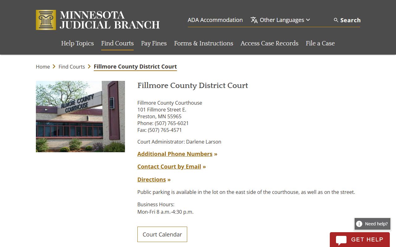 Fillmore County District Court main page for dissolution of marriage