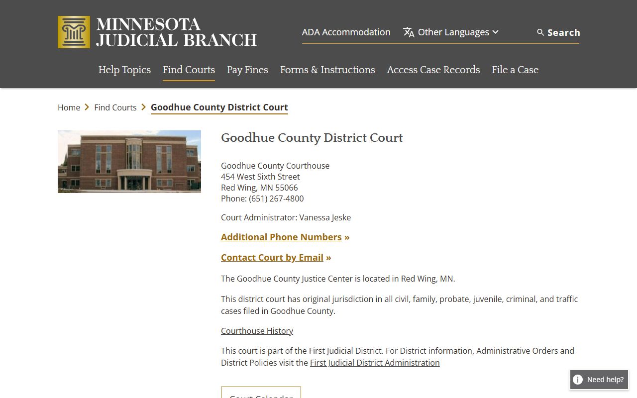 Goodhue County District Court main page for dissolution of marriage