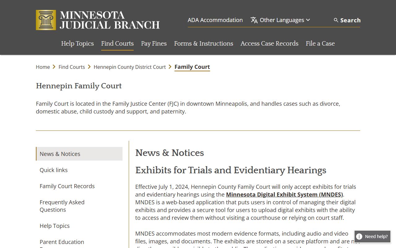 Hennepin County dissolution of marriage family court page