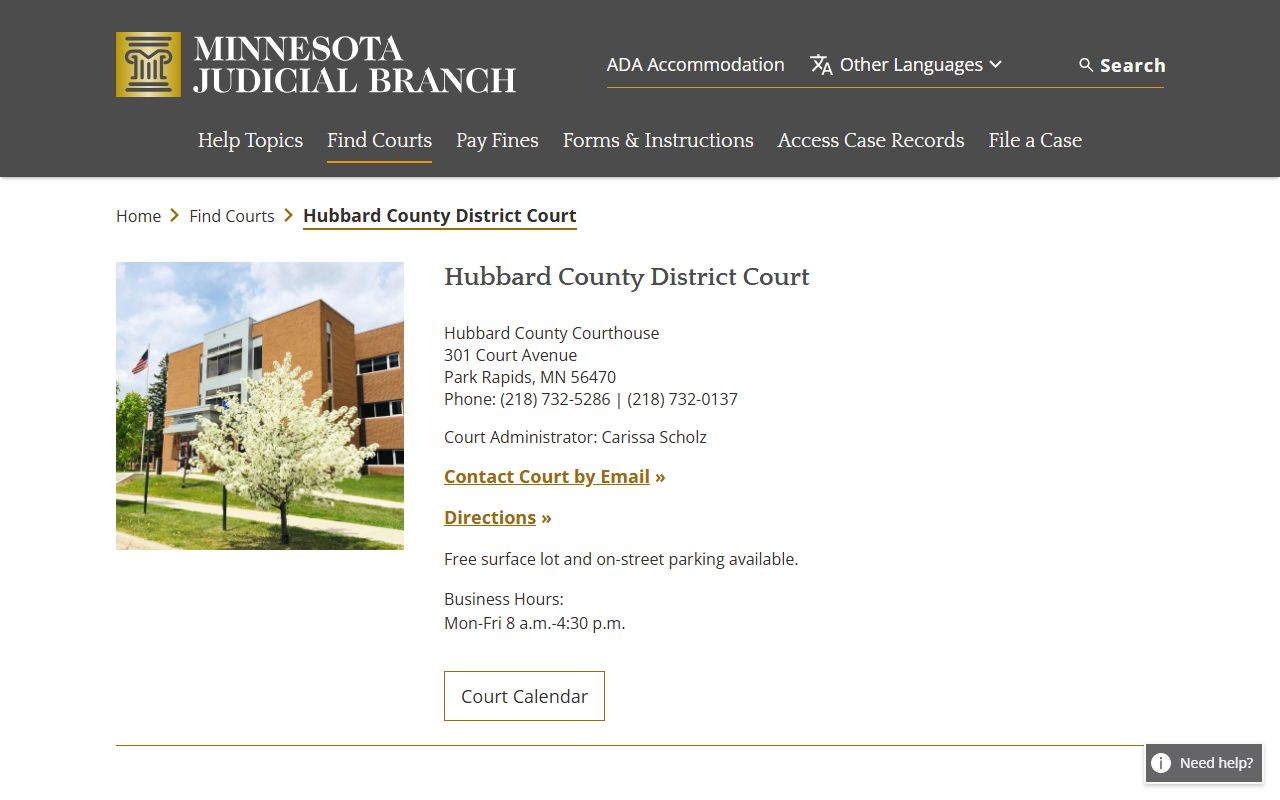 Hubbard County District Court main page for dissolution of marriage