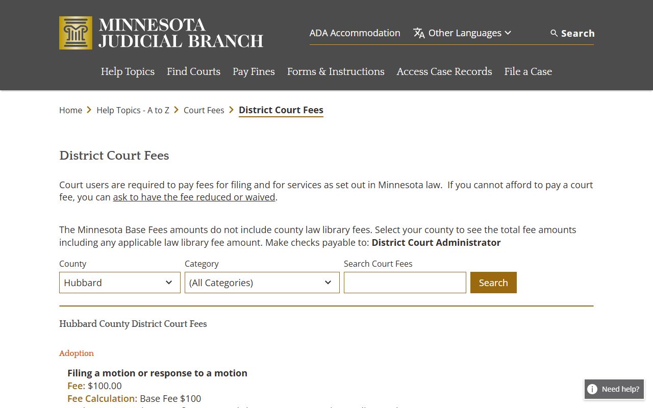 Hubbard County court fee schedule for dissolution of marriage copies