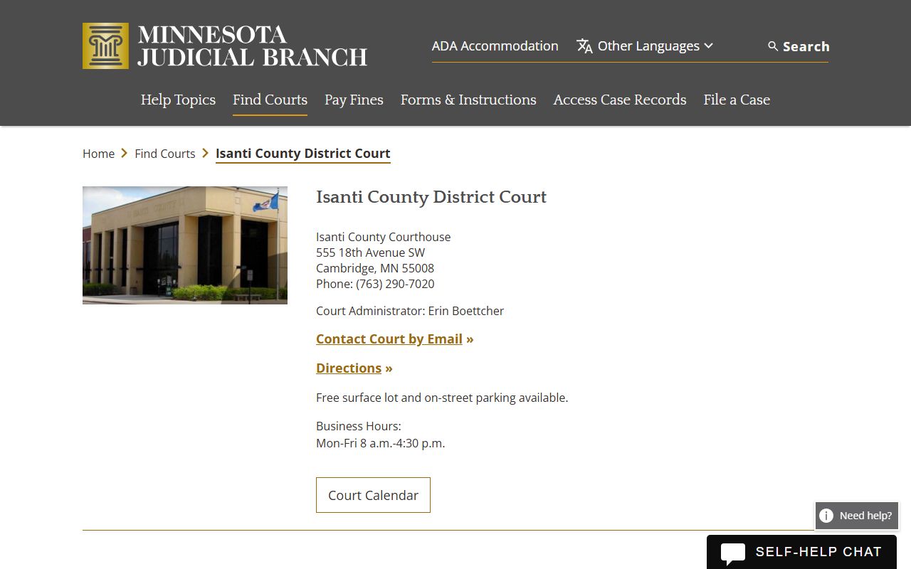 Isanti County District Court main page for dissolution of marriage