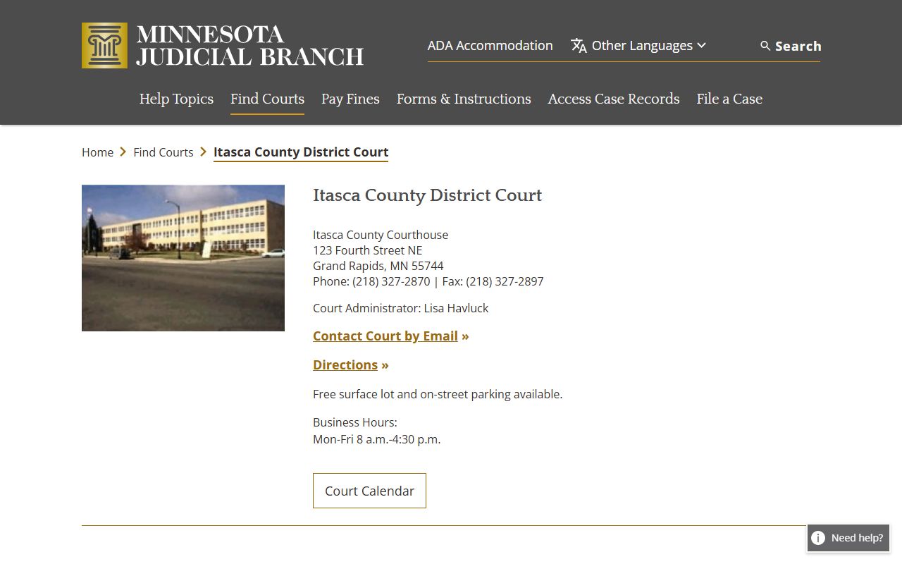 Itasca County District Court main page for dissolution of marriage