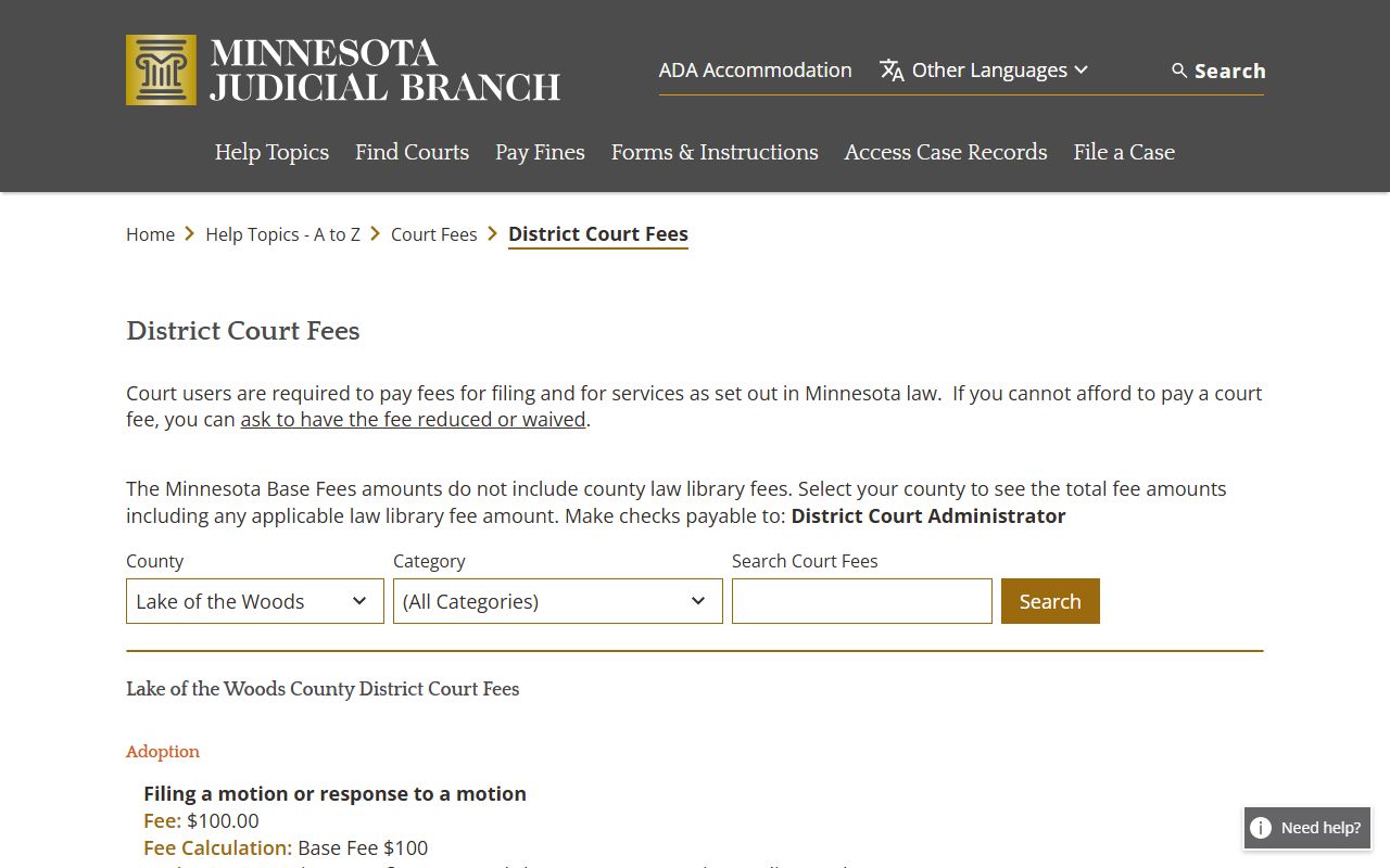 Lake of the Woods County website with dissolution of marriage court resources