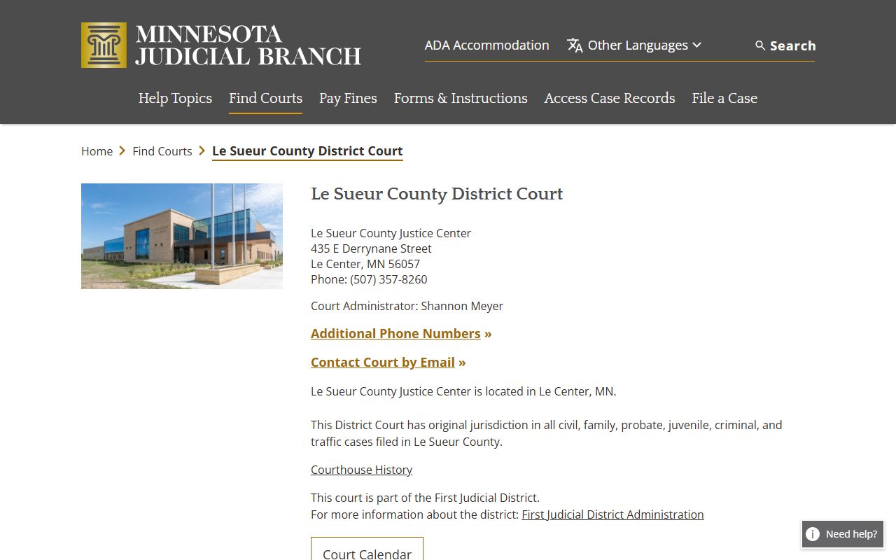 Le Sueur County dissolution of marriage court page