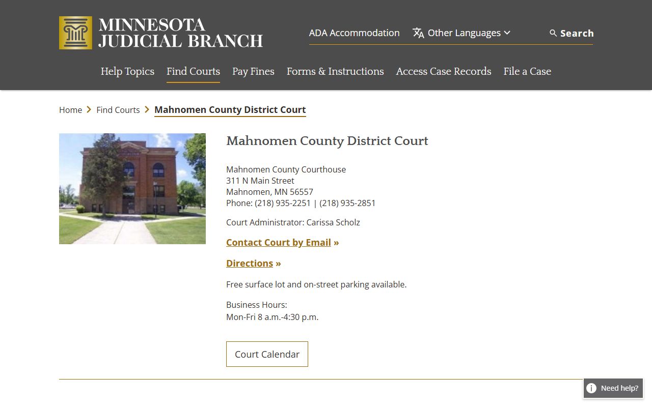 Mahnomen County dissolution of marriage court main page