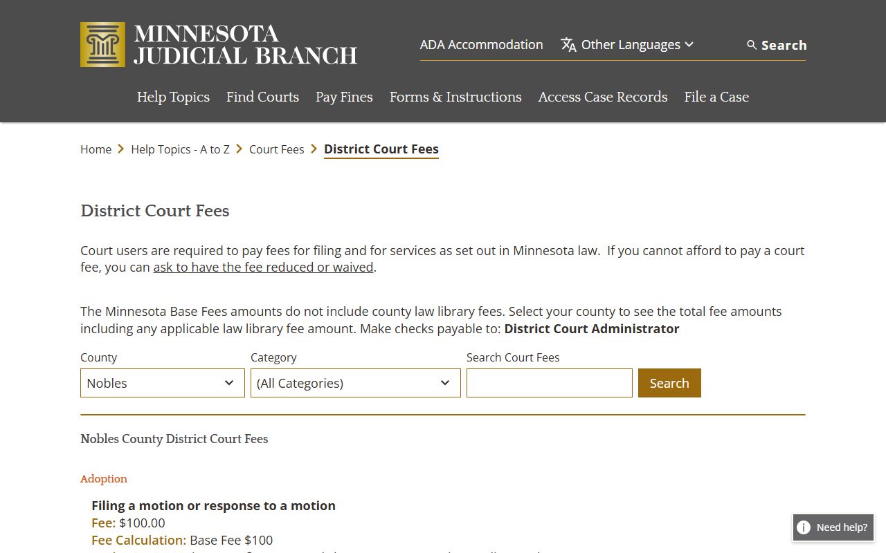 Nobles County dissolution of marriage fee schedule