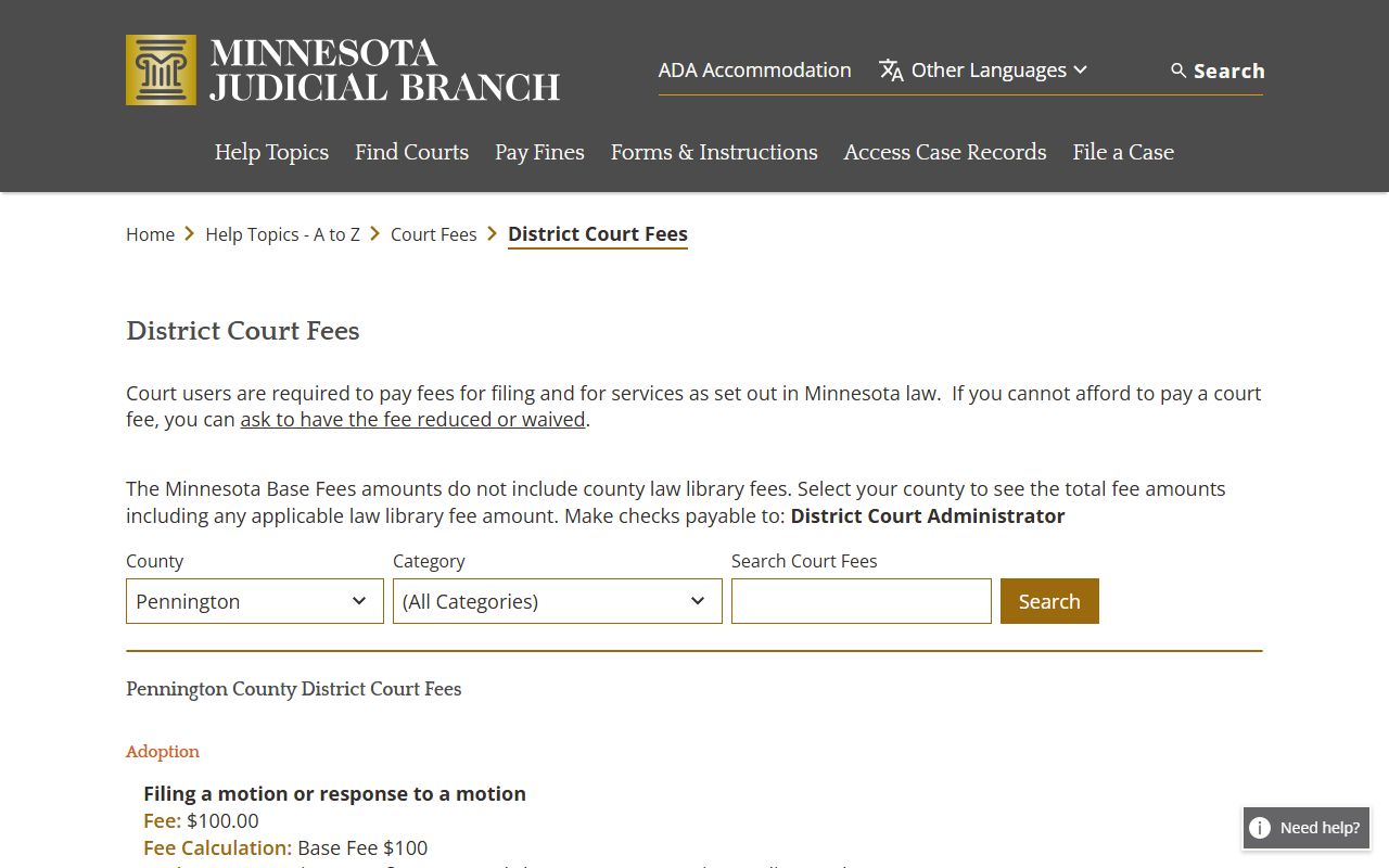 Pennington County dissolution of marriage fee schedule