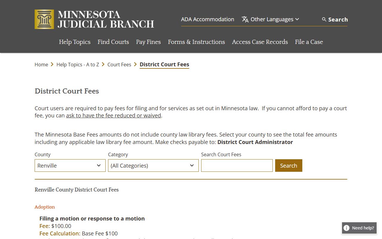 Renville County dissolution of marriage fee schedule