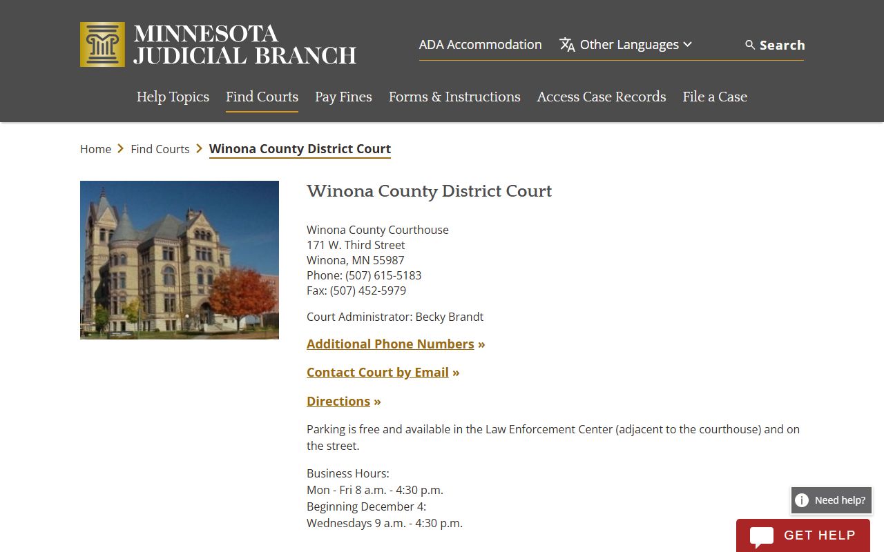 Winona County dissolution of marriage court page