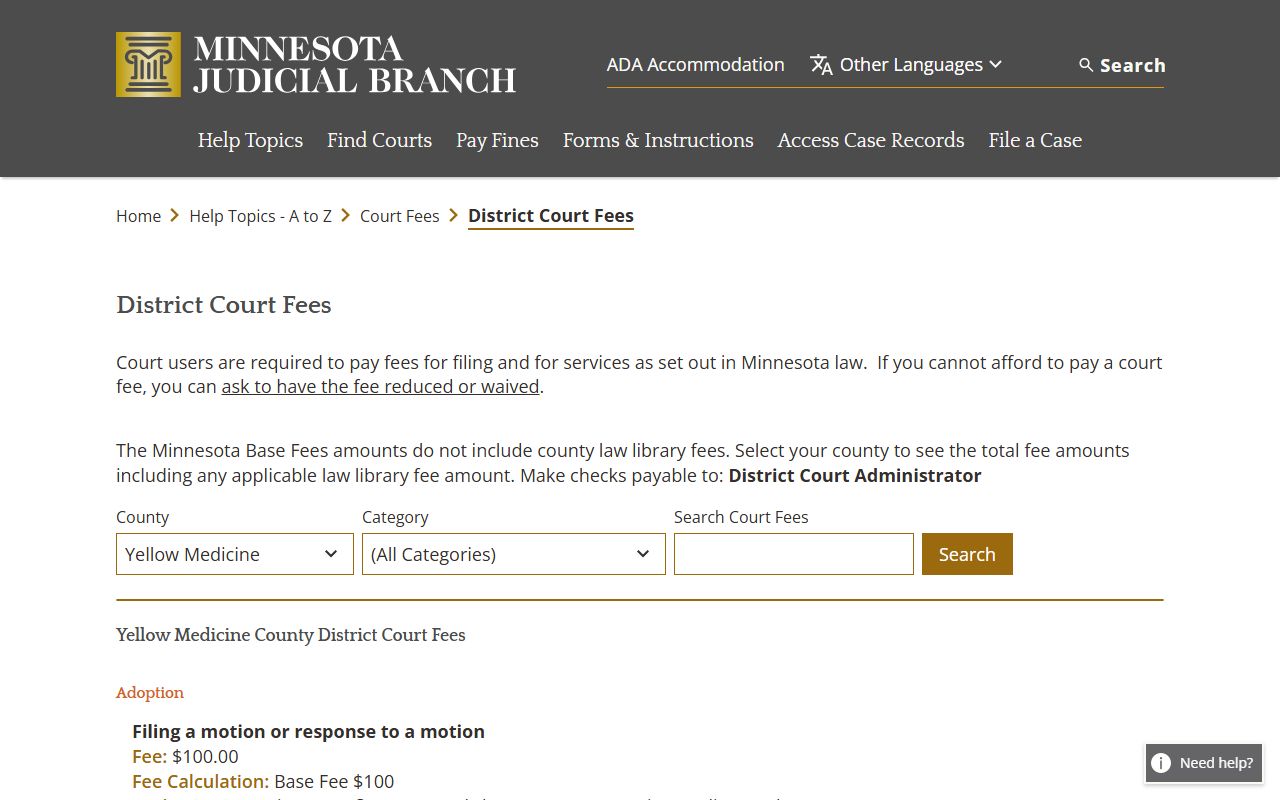 Yellow Medicine County dissolution of marriage fee schedule