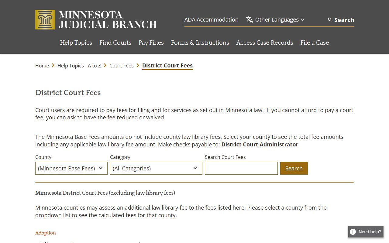 Minnesota dissolution of marriage court fees schedule