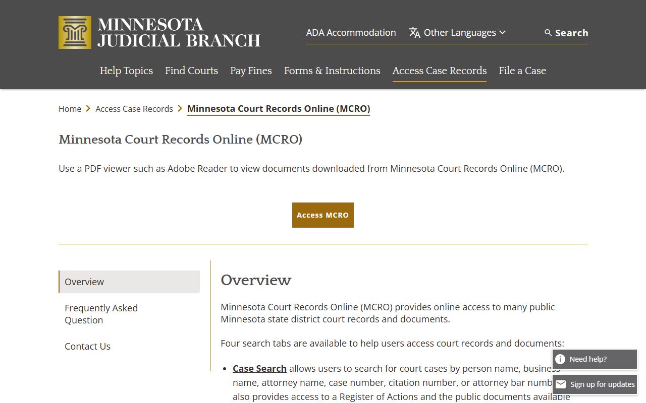 Minnesota Court Records Online MCRO information page dissolution of marriage