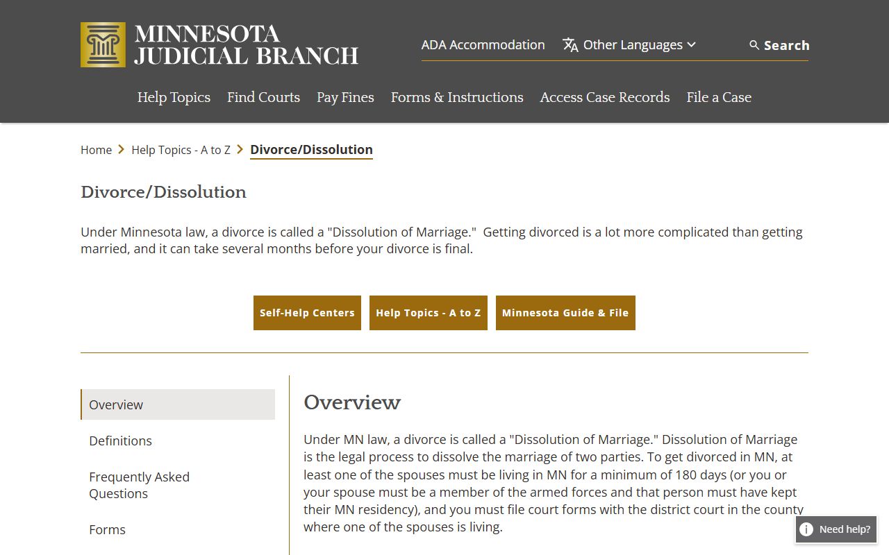 Minnesota dissolution of marriage judicial branch help page