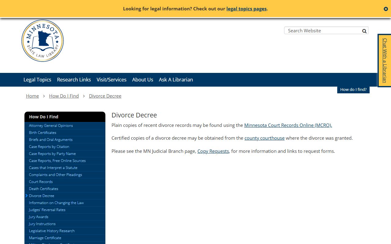 Minnesota State Law Library dissolution of marriage decree research guide
